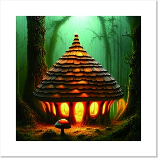 Magical Big Cottage Mushroom House with Lights in Forest with High Trees, Mushroom Aesthetic Posters and Art